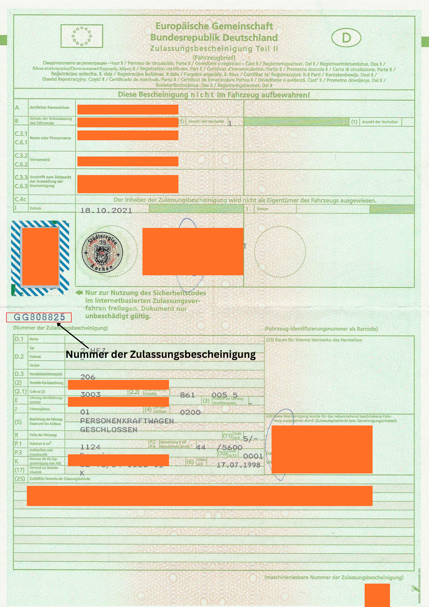 Neuzulassung: Dokumentennummer in der Zulassungsbescheinigung Teil II