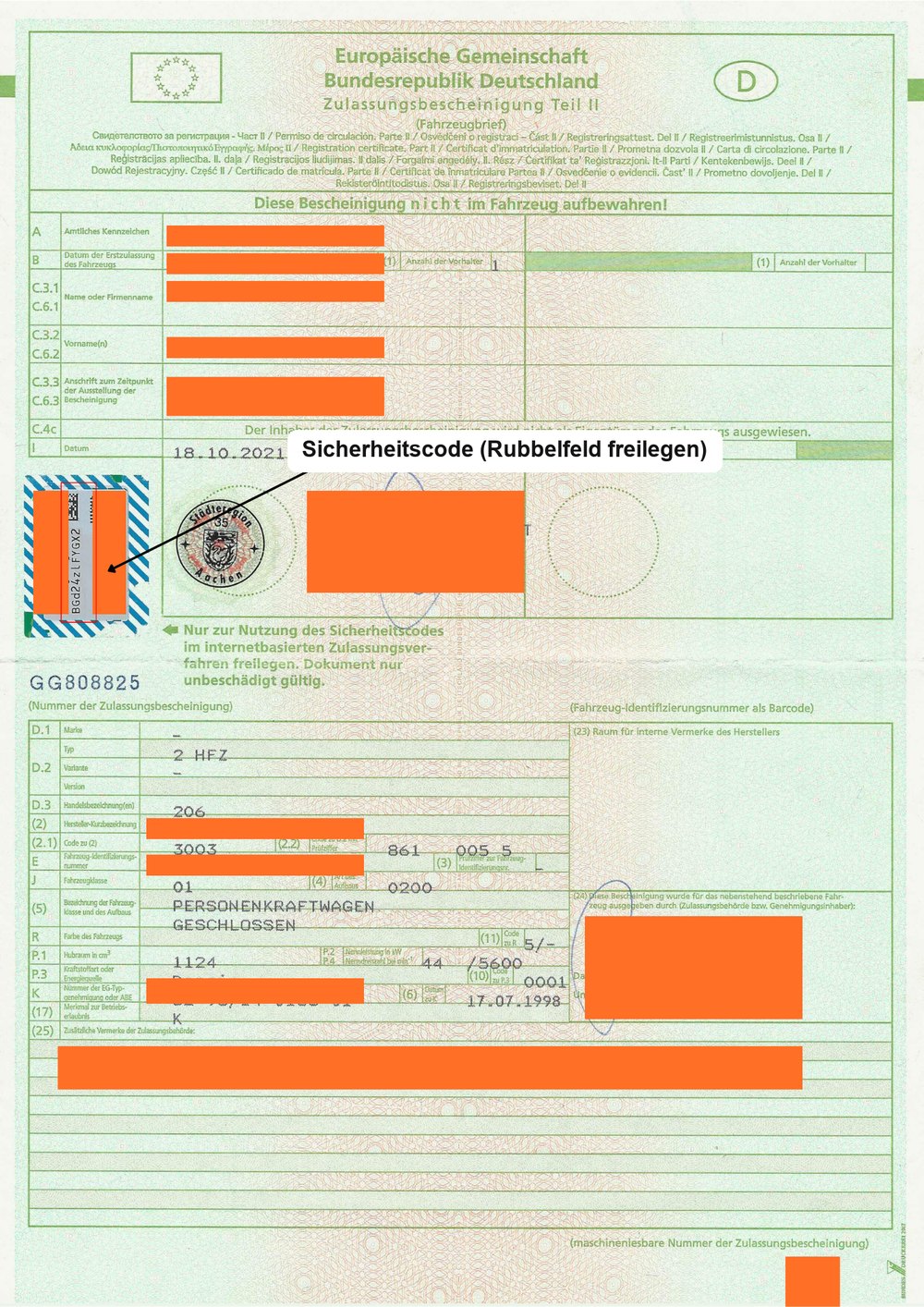 Sicherheitscode-Feld der Zulassungsbescheinigung Teil II für die Neuzulassung